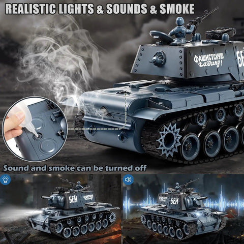 1 18 Scale KV1 RC Tank With Smoke Lights And Sound 2.4GHz Remote Battle Ready Army Toy showcasing smoke and sound features.