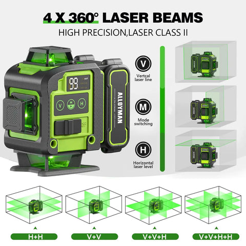 Self Leveling Laser Level With Tripod For DIY Pros And Handymen, 360 Degree Green Cross Lines, 4D Laser Leveler With Included 2 Lithium Batteries, High Precision For Picture Hanging, Tile Work, Home Renovation, Indoor Use