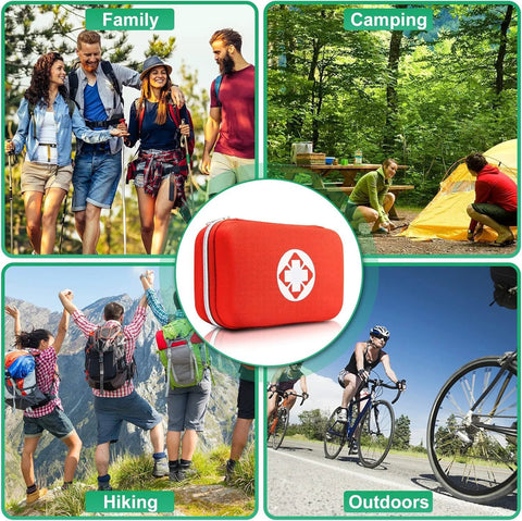 Red compact first aid kit with medical cross; 275-piece emergency kit for car/home/travel, Amazon brand