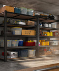 40 Inch Wide Heavy Duty Garage Shelving System With 2500 Pound Capacity Thickened Steel Posts Five Shelf Support Bars Durable Wood Boards Perfect Basement Organization For Tools Parts And Gear, filled with bins in a garage