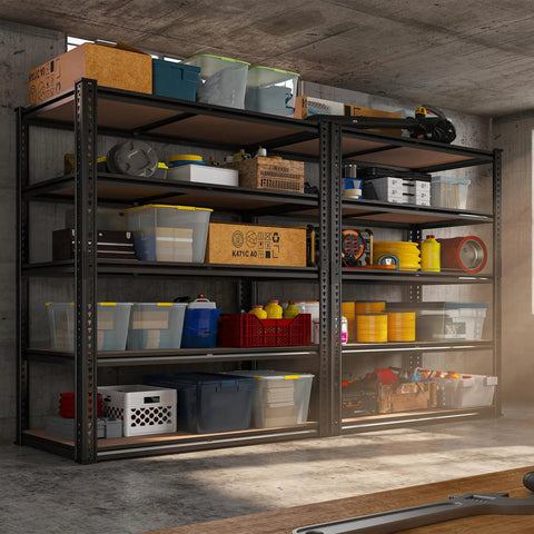 40 Inch Wide Heavy Duty Garage Shelving System With 2500 Pound Capacity Thickened Steel Posts Five Shelf Support Bars Durable Wood Boards Perfect Basement Organization For Tools Parts And Gear, filled with bins in a garage