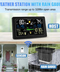 Wireless Outdoor Rain Gauge And Home Weather Station With Indoor Outdoor Display Thermometer Barometer Hygrometer Atomic Clock Forecast Alerts And A Self Emptying Rain Gauge For Accurate Rain Tracking showing digital display and sensor setup.