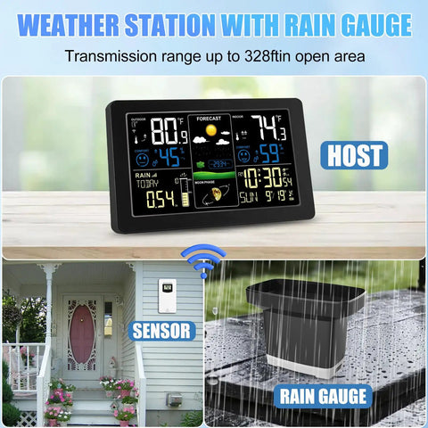 Wireless Outdoor Rain Gauge And Home Weather Station With Indoor Outdoor Display Thermometer Barometer Hygrometer Atomic Clock Forecast Alerts And A Self Emptying Rain Gauge For Accurate Rain Tracking showing digital display and sensor setup.