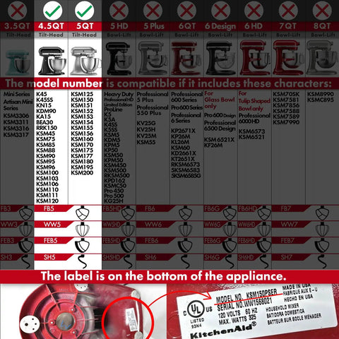 Compatibility chart for Stainless Steel Spiral Dough Hook Replacement For 4.5 Quart And 5 Quart Tilt Head Mixers Built To Last Rust Resistant Easy Clean With Efficient Kneading For Bread Pizza Pasta Cookies.