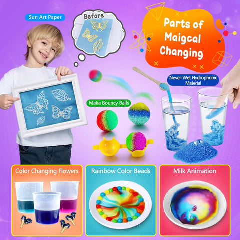 Child displaying 111 Experiments Science Kit For Kids With Chemistry Set STEM Toys including color-changing and bouncy ball experiments.