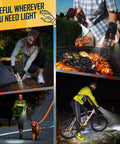 People using Rechargeable LED Flashlight Gloves for camping, cooking, walking, and biking at night; waterproof lighted gear.