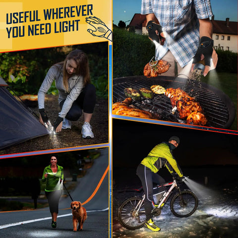 People using Rechargeable LED Flashlight Gloves for camping, cooking, walking, and biking at night; waterproof lighted gear.