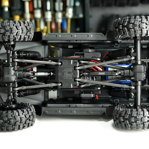 Bottom view of 1/18 TRX4M showing Stainless Steel D Shaped Drive Shaft For One Eighteenth Scale TRX4M Defender Bronco With Tight Grip