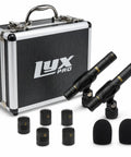 Stereo Pair XLR Pencil Condenser Microphones with three capsule options, foam covers, and carrying case for studio recordings
