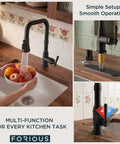 Vintage Kitchen Sink Faucet With Pull Down Sprayer And Single Handle, 13 inch tall, oil rubbed bronze faucet in use washing fruits.