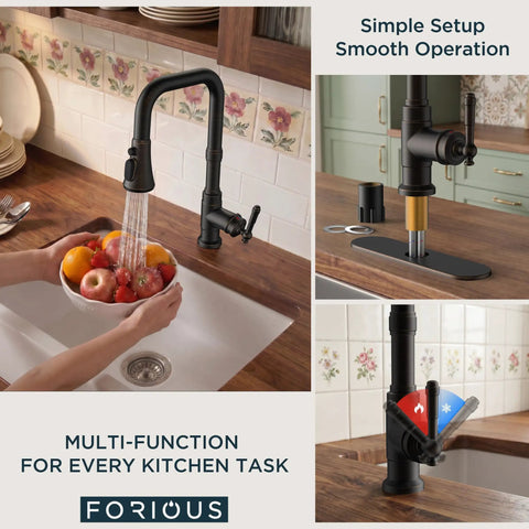 Vintage Kitchen Sink Faucet With Pull Down Sprayer And Single Handle, 13 inch tall, oil rubbed bronze faucet in use washing fruits.