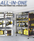 Rolling Power Tool Storage Cart For Garage And Shop, 4-Tier Drill Organizer With Slots For 12 Drills shown in workshop space