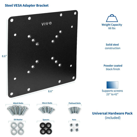 Built Tough VESA Adapter Bracket For TVs And Monitors Max 42 Inches, steel plate supports 23 to 42 inch screens, includes hardware pack.