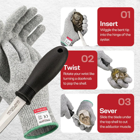Professional Oyster Shucking Kit With 3.5 Inch Heavy Duty Stainless Steel Shucking Knife And Level 5 Cut Resistant Gloves Clam Opener Shucker Set For Seafood Lovers And Gift, showing knife and gloves with oyster shucking steps