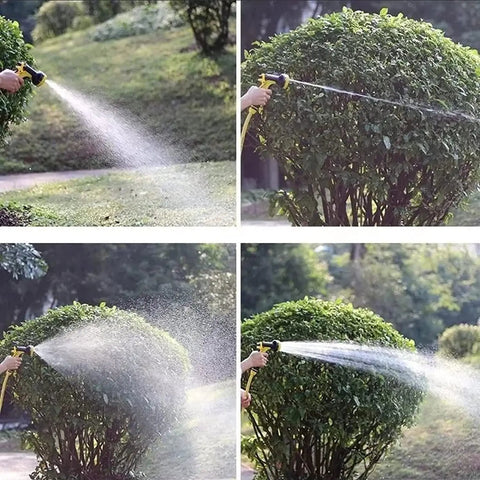 Person using Portable Garden Hose Reel Cart With 50 Meter Hose And Nine Setting Spray Nozzle to water bushes.