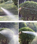 Spraying water from a hose nozzle onto bushes using Ditch The Tangles Heavy Duty Portable Garden Hose Reel Cart With Nine Way Spray Nozzle Outdoor Hose Butler Easy Roll Water Pipe Organizer Rack For Backyard Or Garage Fits Up To Fifty Meters.