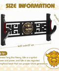 One Tier Katana Wall Mount Sword Holder with decorative Qilin emblem and size dimensions, easy wall hanger for samurai swords.