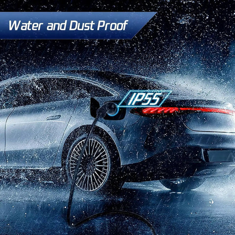 Premium Type 2 To Type 1 EV Charging Cable 5 Meter Heavy Duty Electric Vehicle Extension Cord 16 Amp connected to a car in rain.