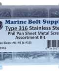 Front view of Marine Bolt Supply Type 316 stainless Phillips pan-head screws assortment in clear case (sizes #6, #8, #10).