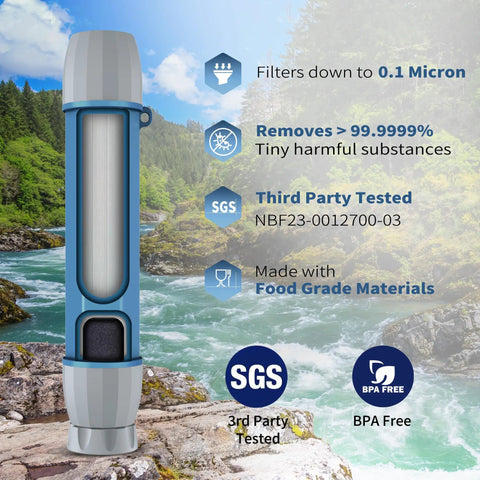 Two Pack Water Filter Straw for On the Go Drinking, Survival Purification Straw with SGS certification on rocky riverside