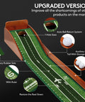 Upgraded indoor golf putting mat with easy setup and automatic ball return, wrinkle free surface closely mimicking real green speed.