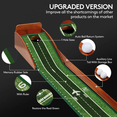 Upgraded indoor golf putting mat with easy setup and automatic ball return, wrinkle free surface closely mimicking real green speed.