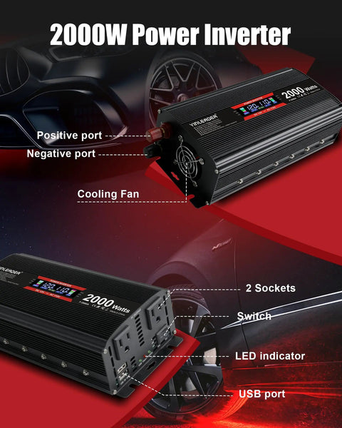 No Sweat Setup Heavy Duty Road Warrior 2000 Watt 12V DC To 110V AC Inverter With Smart LCD Screen dual AC outlets and USB port.