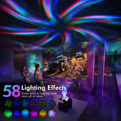Star Projector 4 in 1 Aurora Night Light With Bluetooth Speaker, Northern Lights projection in gaming room setting