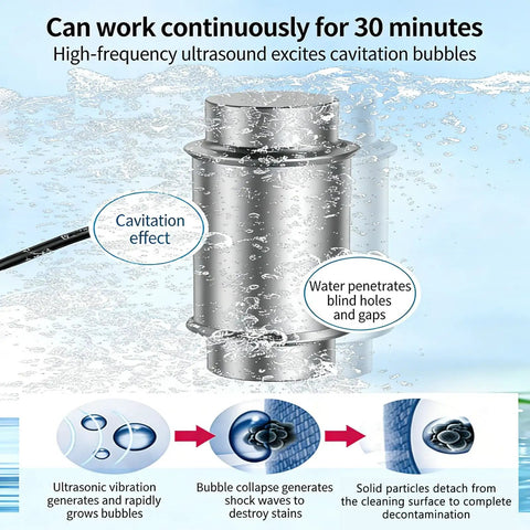 Straight Up Powerful 120W Ultrasonic Cleaner With Stainless Steel Tank And 5 Minute Timer, shows cavitation effect in action.