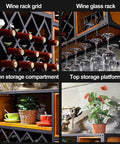 Industrial Iron And Raw Wood Wall Mounted Wine Rack with wine and glass storage, featuring open compartments and top shelf.