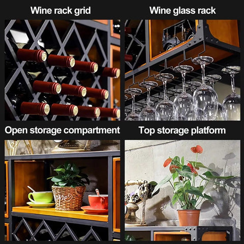 Industrial Iron And Raw Wood Wall Mounted Wine Rack with wine and glass storage, featuring open compartments and top shelf.