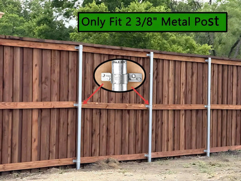 Wood fence showcasing 2-3/8 Inch Steel To Wood Fence Brackets Kit, highlighting metal post attachment with grip ties.
