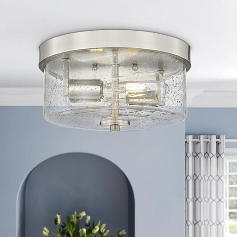 Dope Matte Black Two Light Flush Mount Ceiling Light Fixture With Seeded Glass Shades Close To Ceiling 11 Inch Design Modern Farmhouse Style