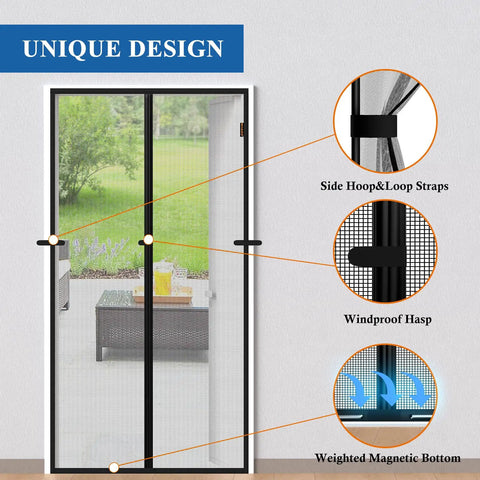 Magnetic Screen Door Fits 32x80 Inch Door, 34x81 Mesh, Scratch Proof Polyester, Unique Design Details