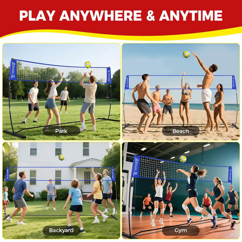 Portable 12Ft Volleyball Net Set For Backyard Bash with Adjustable Height, Freestanding Frame, Blue Net in Various Locations