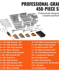 All In One Mechanic Tool Set With 1/4, 3/8, 1/2 Inch Drive Sockets, 450-Piece SAE And Metric Kit displayed with components