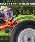 Flat Free 11x4.00-5 Lawn Mower Front Tires For Zero Turn Mowers With Solid Smooth Tread, showing tire in use on mower
