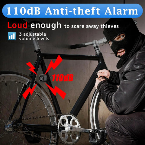 Bike Alarm With Remote And USB Rechargeable Power For Your Ride Vibration Motion Sensor Trigger Ultra Loud 110dB Anti Theft Alarm For Bicycle Motorcycle Electric Scooter IP65 Waterproof And Easy Mount Kit on black bike frame