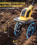 Cordless Garden Tiller Cultivator With 48 Steel Tines, 360 RPM Rototiller, 9.7 Inch Width, 7 Inch Depth, in action in soil