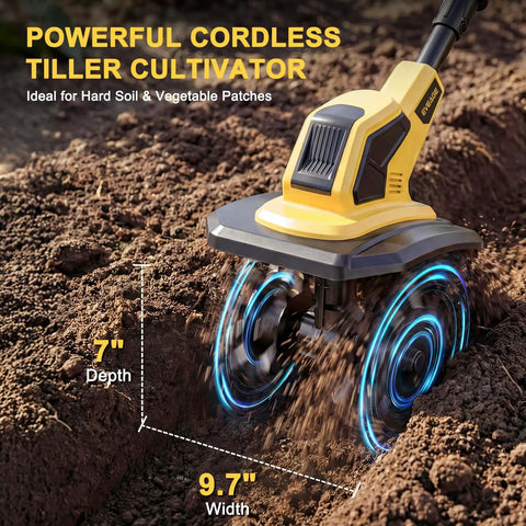 Cordless Garden Tiller Cultivator With 48 Steel Tines, 360 RPM Rototiller, 9.7 Inch Width, 7 Inch Depth, in action in soil