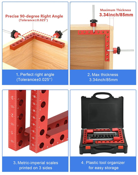 Corner Clamps For Woodworking 4 Pack 90 Degree Right Angle Squares 5.5 By 5.5 Inches with tool organizer and scales on clamps