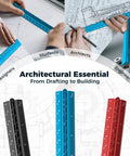 Hands using 12 Inch Triangular Architect Scale Ruler For Drafting And Blueprints Aluminum Alloy Pro Grade Tool With Six Scales.