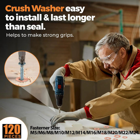 Man installing crush flat copper washers set with 120 pieces in 15 metric sizes M5 to M24 for automotive and plumbing use.
