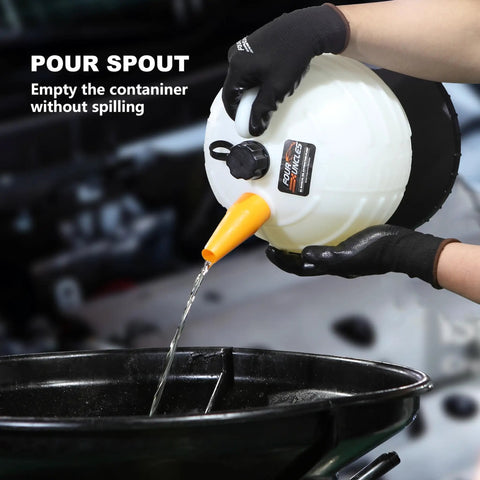 Grip Tight 6 Liter Manual Oil Extractor Pump For Swift Engine Oil Changes Via Dipstick Tube pouring oil into a container.
