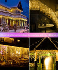 Outdoor Icicle Christmas Lights With 1008 LEDs, 98.4 Ft Warm White Drops illuminating house, stairs, porch, and gazebo.