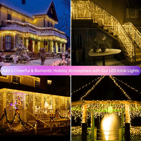 Outdoor Icicle Christmas Lights With 1008 LEDs, 98.4 Ft Warm White Drops illuminating house, stairs, porch, and gazebo.