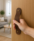 Full Grain Leather Drawer Handle for Cabinets Installed on Wood Door, Brown, Handmade Durable Leather Cabinet Hardware