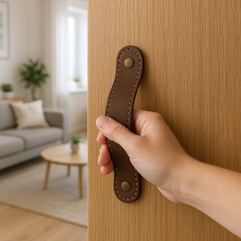 Full Grain Leather Drawer Handle for Cabinets Installed on Wood Door, Brown, Handmade Durable Leather Cabinet Hardware