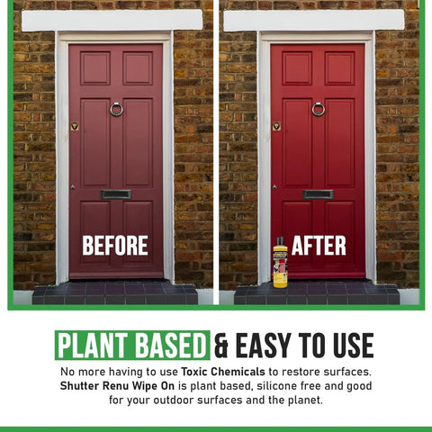 Before and after comparison of a red door using Tough As Nails Wipe On Surface Restorer And Protector For Faded Shutters Garage Doors And Outdoor Gear Hella Long Lasting Fade Proof Coverage That Gonna Last Five Plus Years In A Smooth Eight Ounce Bottle.