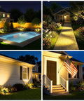 600 Lumen Solar Outdoor Lights illuminating backyard, walkway, garden, and patio. Waterproof spotlights in warm white, 4 pack.